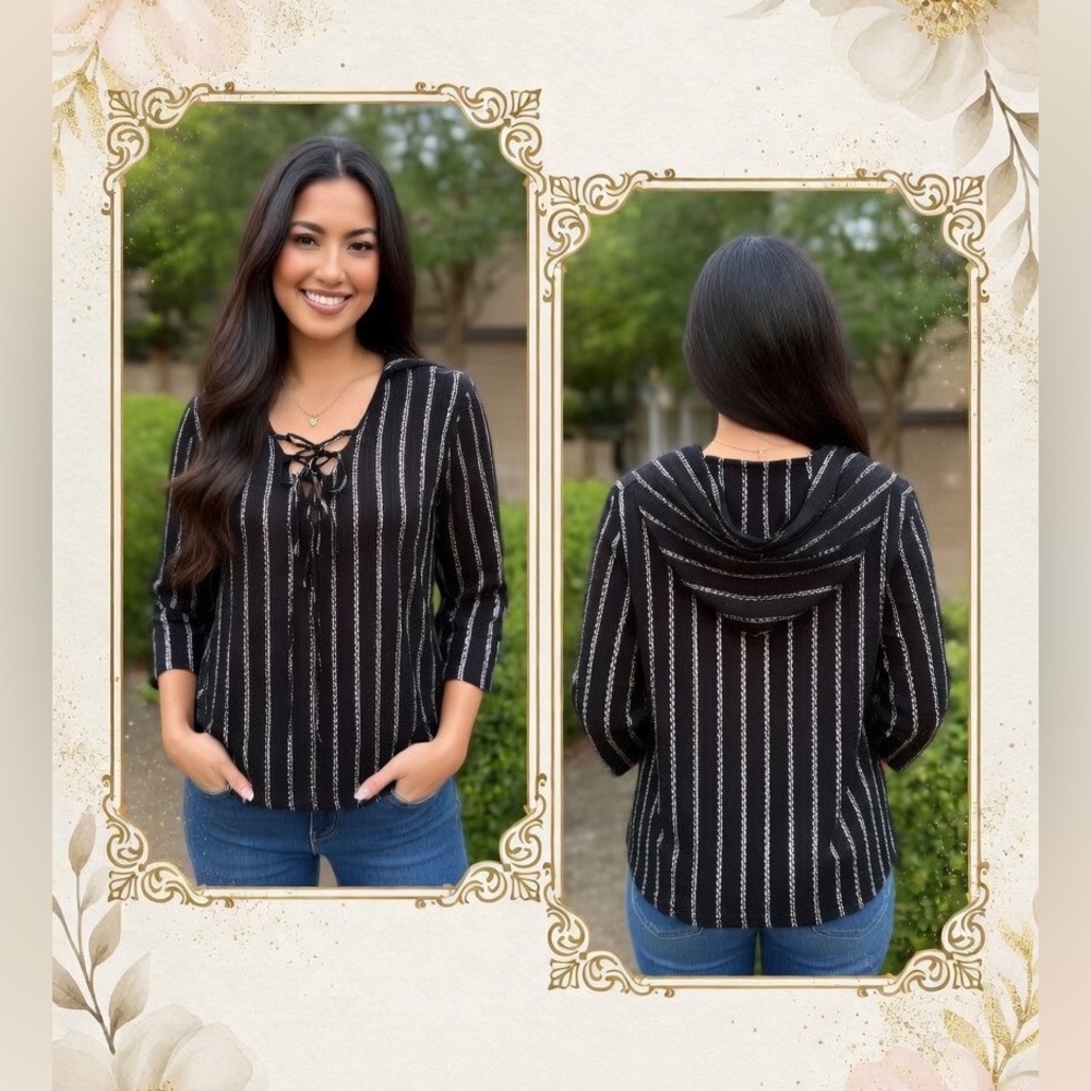 Billabong Black and White Striped Top With Hood